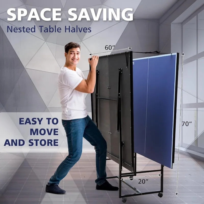 Folding Rolling Table Tennis Table Regulation Ping Pong Table with 2 Paddles 2 Balls 1 Net and Post Set Fold-Up Design
