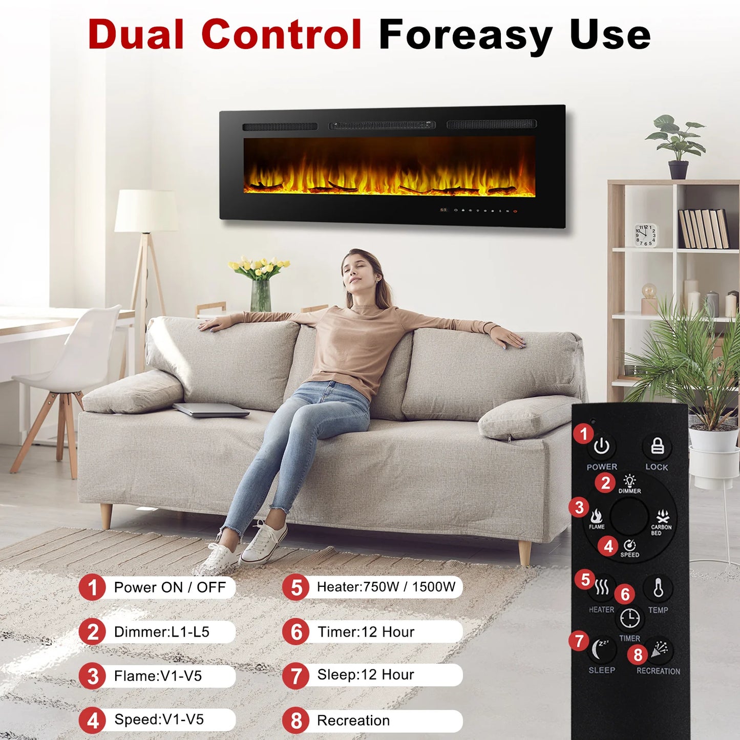 60 Inch Electric Fireplace Recessed and Wall Mounted ltra Thin Ad Low Noise Touch Screen 750-1500W 3D Flame Color Remote Control