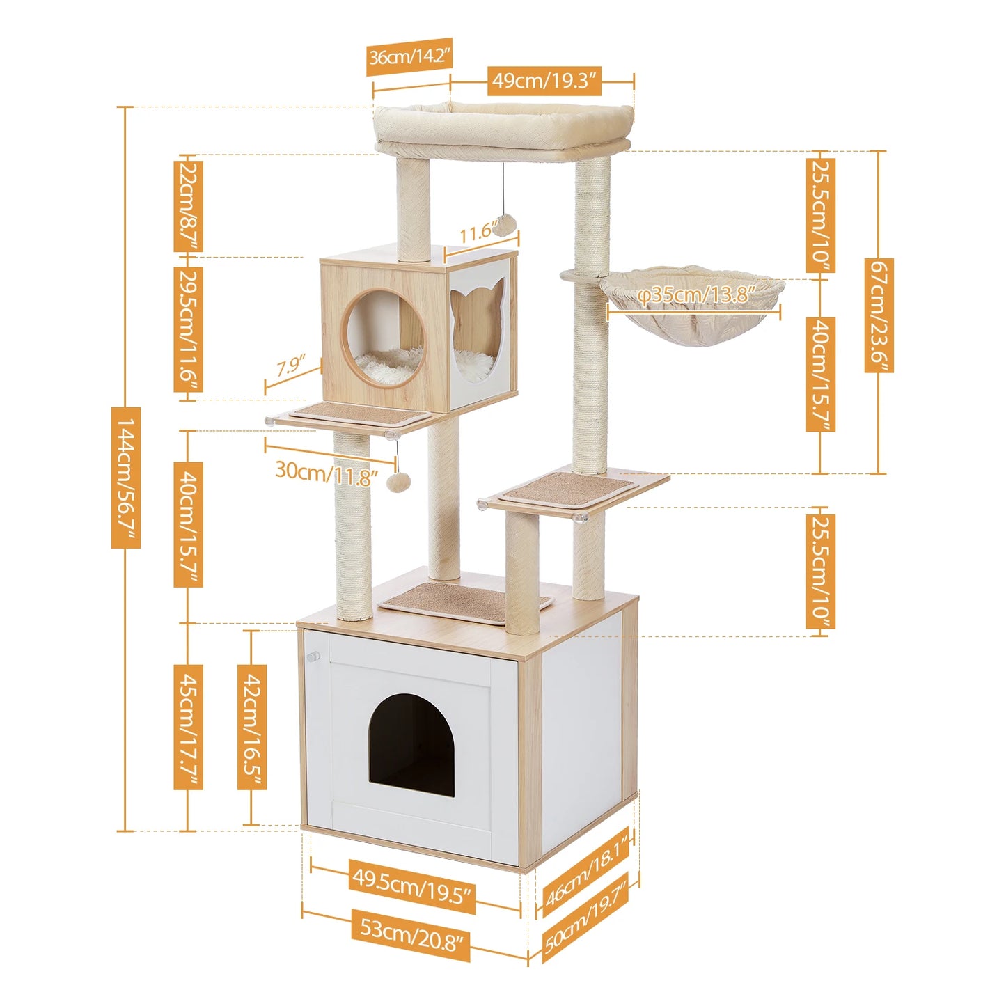 Large Wood Cat Tree With Litter Box Enclosure And Storage
