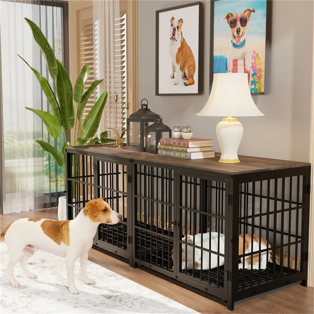 Large Wooden Dog Crate Indoor Three Doors Removable Tray