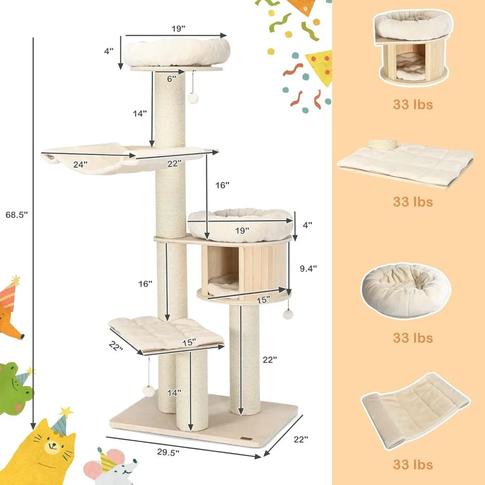 PETSITE 68.5" Tall Cat Tree, Multi-Level Modern Cat Tower with Sisal Scratching Posts, Top Perch, Cat Condo, Hammock, Jingling B