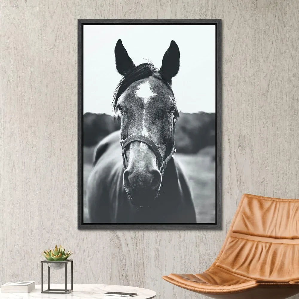 Equine Elegance: High Contrast Black and White Canvas Art, Grey Horse for Living Room Decor