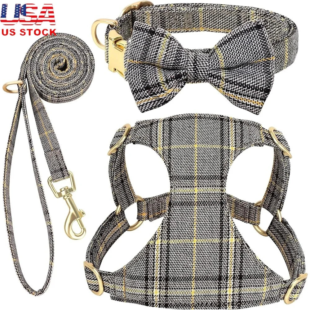 Cute Small Dog Harness Set Soft Plaid Collar Leash Bowtie