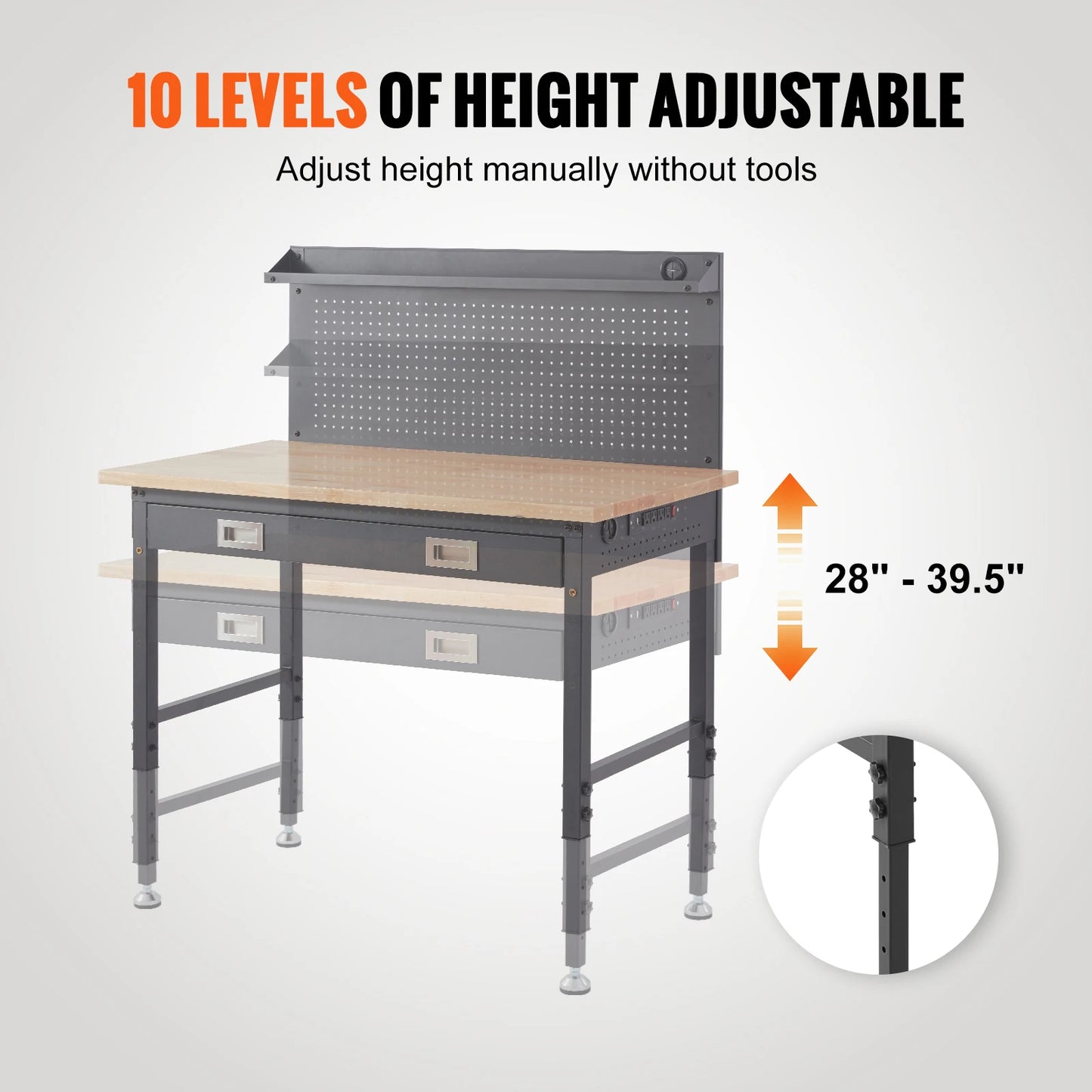 SucceBuy 2000lbs Hardwood Workbench Oak Plank Garage Work Table Carbon Steel with 3m Cable 30 Hooks for Garage Office Workshop