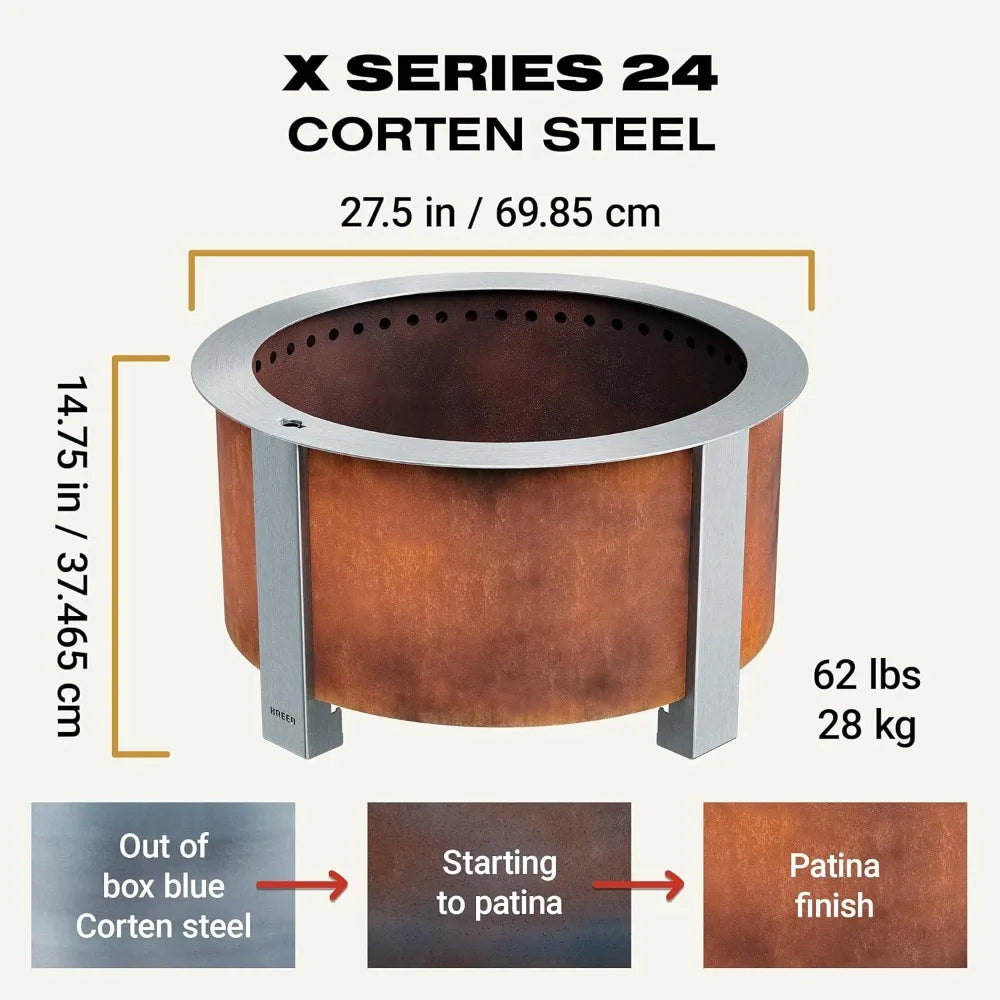 Smokeless FIrePit (X Series 24, Corten Steel) | 27.5 inch Smokeless Fire Pit for Outside | 62 Pounds | Ideal for Families Compa