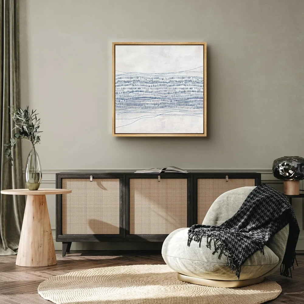 Framed Canvas Wall Art: Abstract Grunge Blue-Gray Industrial Lines and Shapes, Modern Decorative Art