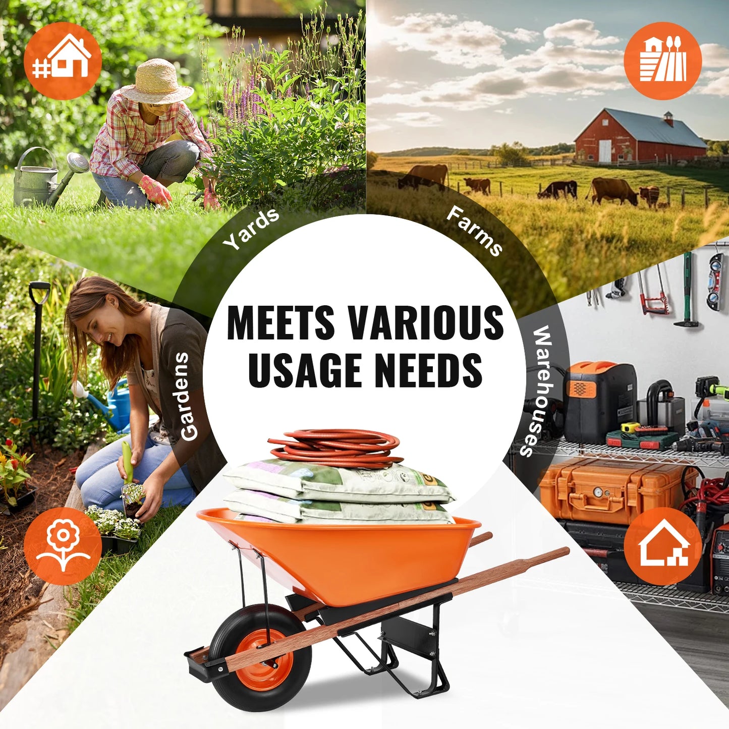 SucceBuy Wheelbarrow Cart 330lbs Capacity One Wheel Garden Dump Cart Wheel Barrow with Handle & 16" Wide Track Wheels for Farm