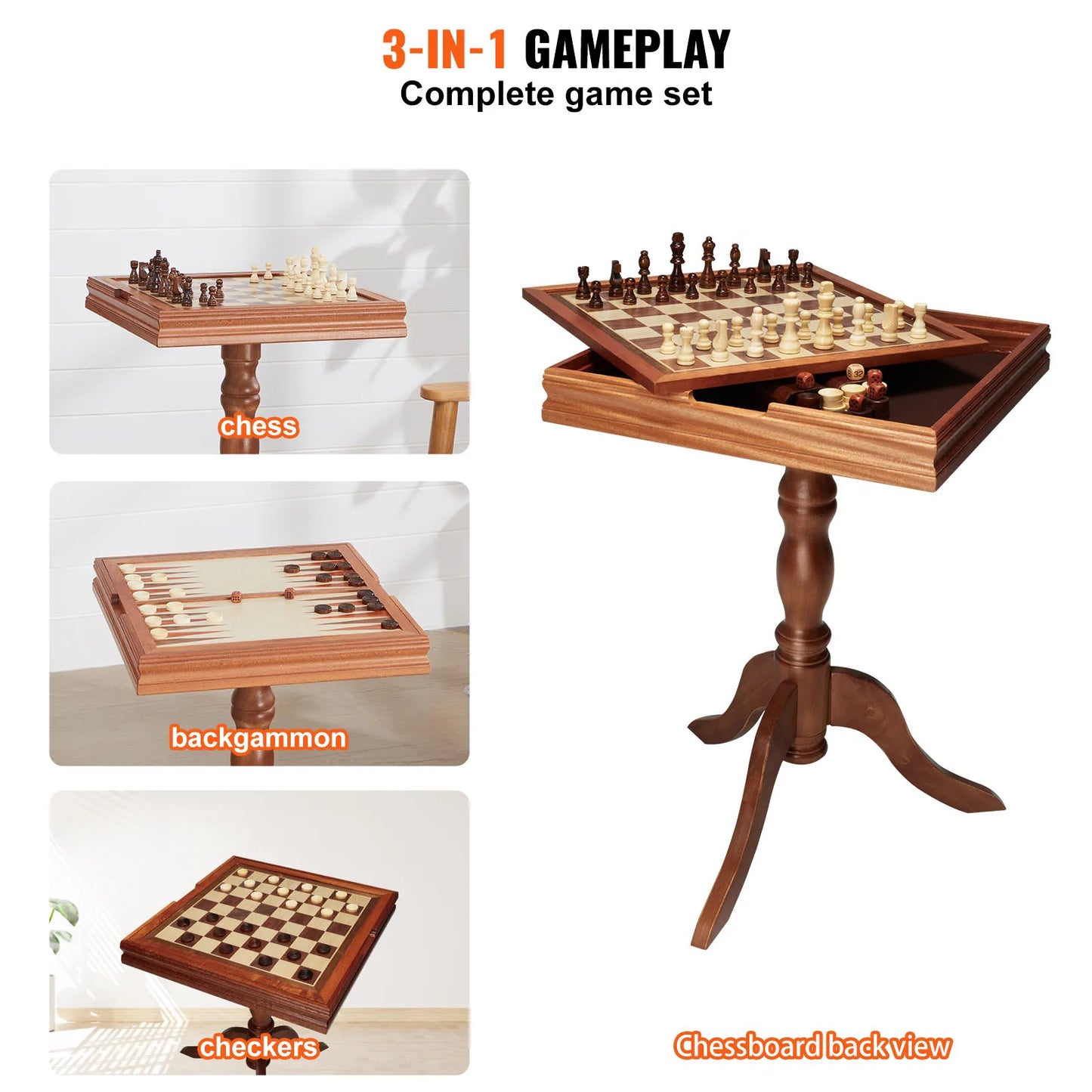 SucceBuy 18 Inch 3-IN-1 Chess Checkers Backgammon Table Set Premium Wooden Chess Table Deluxe Combo Game Table Furniture Set