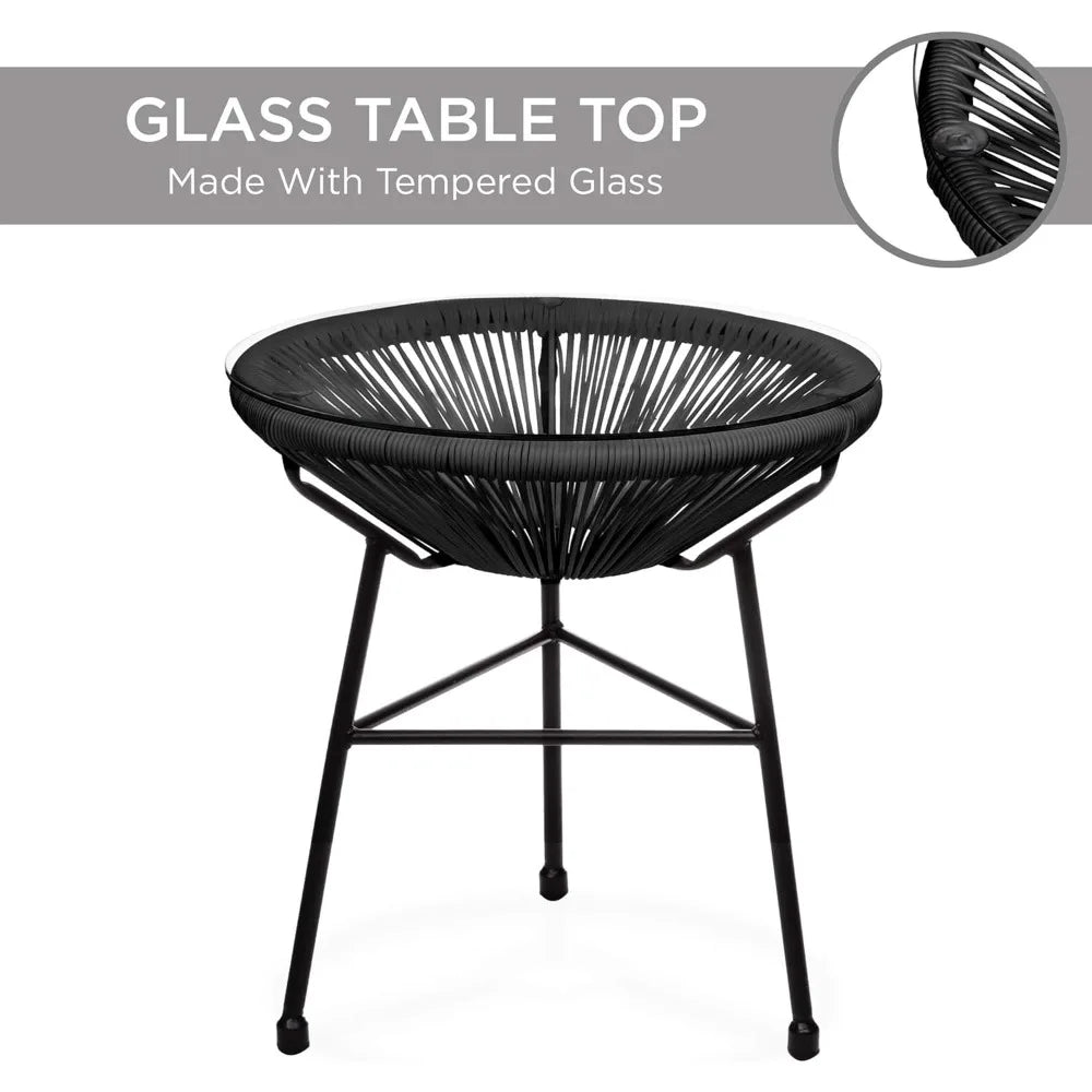 3-Piece Outdoor Acapulco All-Weather Patio Conversation Bistro Set w/Plastic Rope, Glass Top Table and 2 Chairs - Black