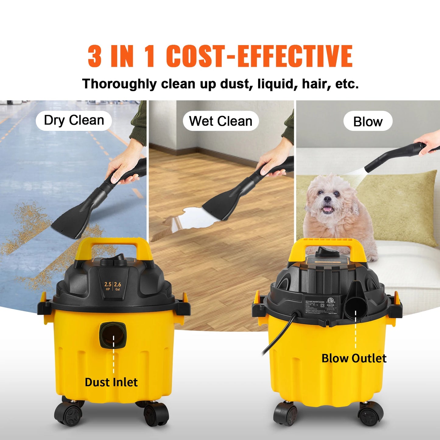 SucceBuy Wet Dry Vacuum 2.6 Gal 2.5 Peak HP 3 In 1 Vacuum