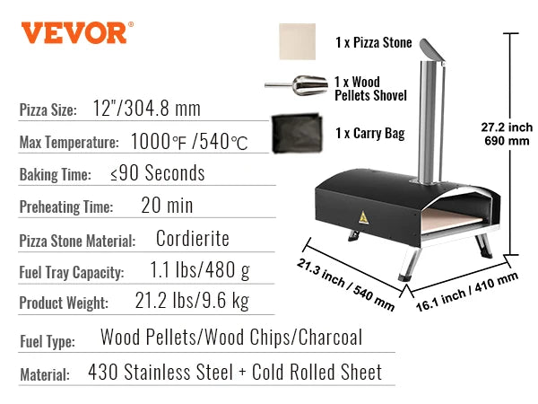 SucceBuy 12" Portable Pizza Oven Wood Fired Food Grade Stainless Steel BBQ Picnics Baking Pizza Burner for Backyard Camping
