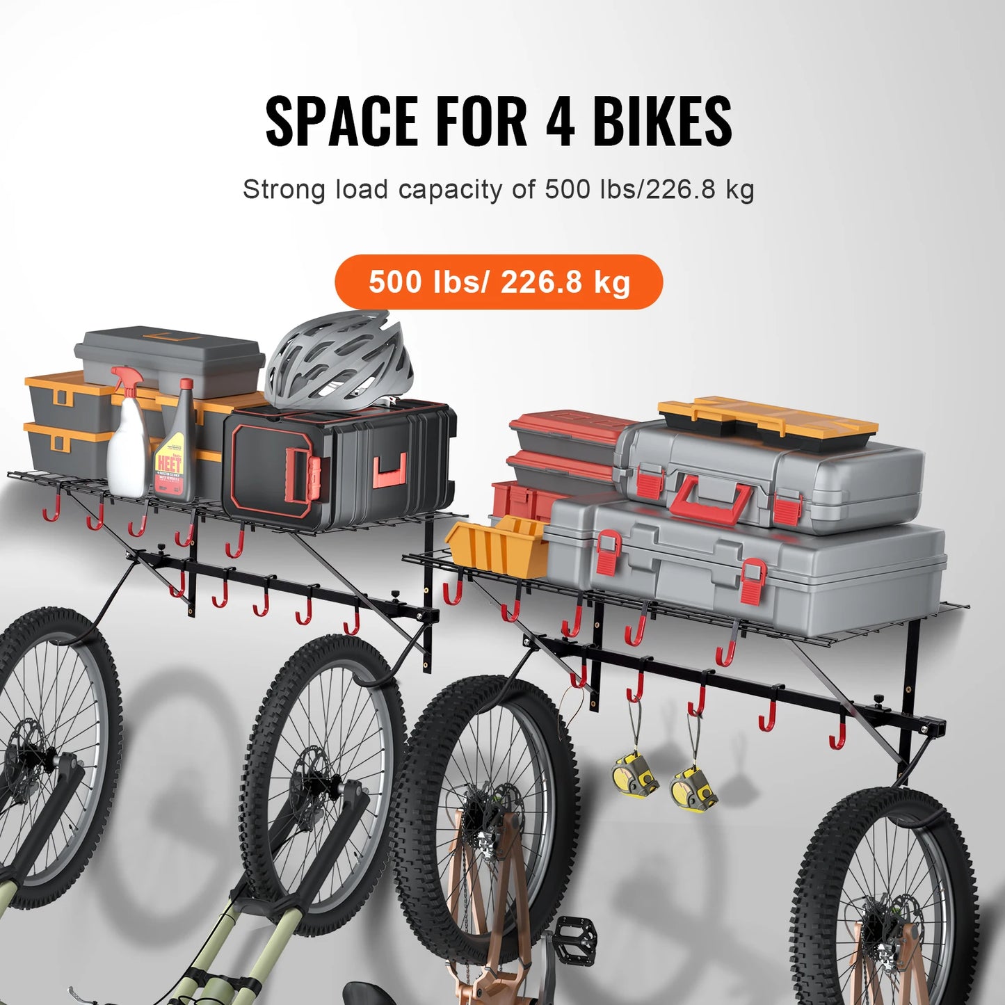 SucceBuy 500 lbs Bike Storage Rack Wall Mount Bike Storage Hanger with 2 Shelves Adjustable Holder for 4 Bike Garage Organizer