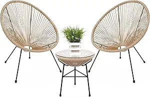 3-Piece Outdoor Acapulco All-Weather Patio Conversation Bistro Set w/Plastic Rope, Glass Top Table and 2 Chairs - Black