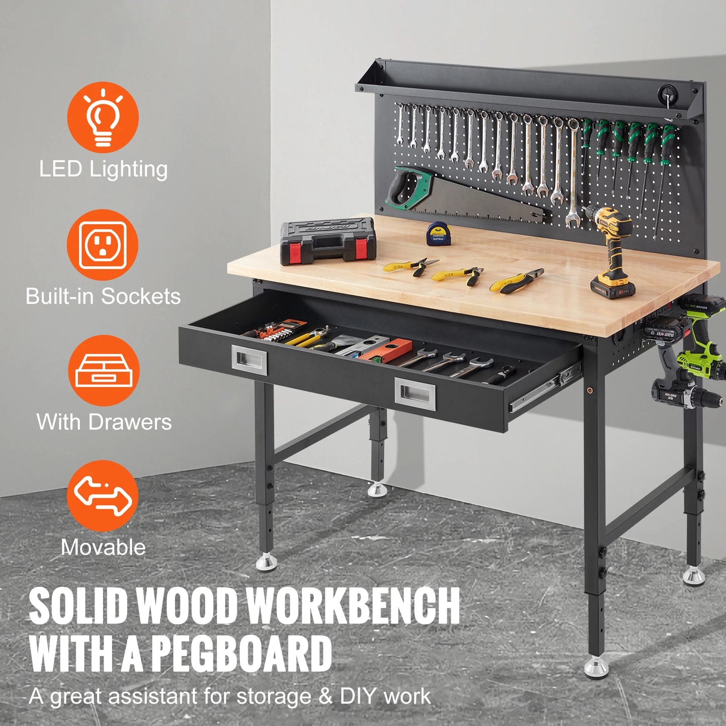SucceBuy 2000lbs Hardwood Workbench Oak Plank Garage Work Table Carbon Steel with 3m Cable 30 Hooks for Garage Office Workshop