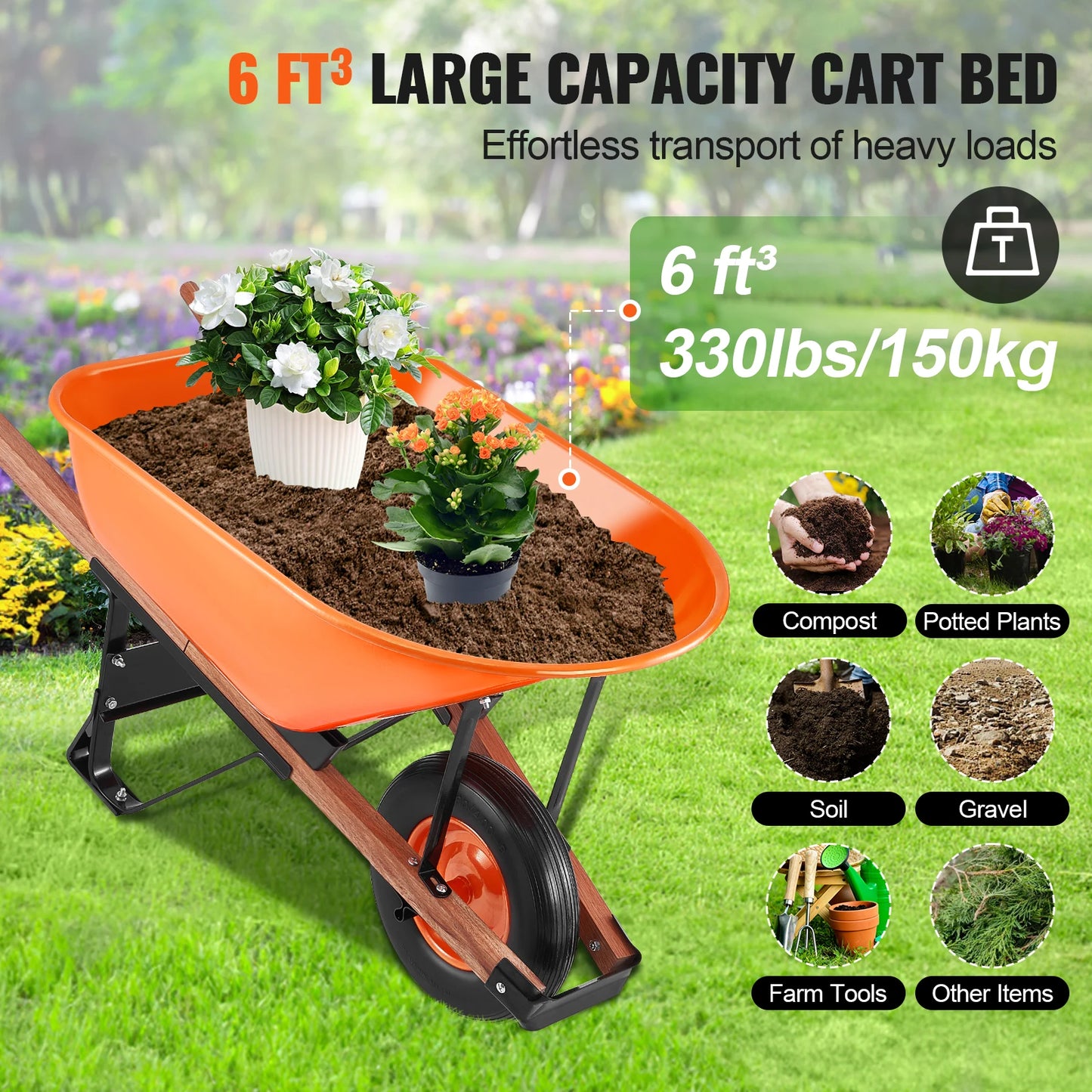 SucceBuy Wheelbarrow Cart 330lbs Capacity One Wheel Garden Dump Cart Wheel Barrow with Handle & 16" Wide Track Wheels for Farm