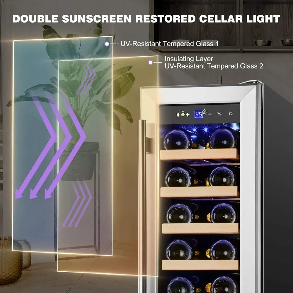 12" Wine Cooler Refrigerator 18 Bottle Wine Fridge Built-in or Freestanding with Stainless Steel & Double-Layer Tempered Glass