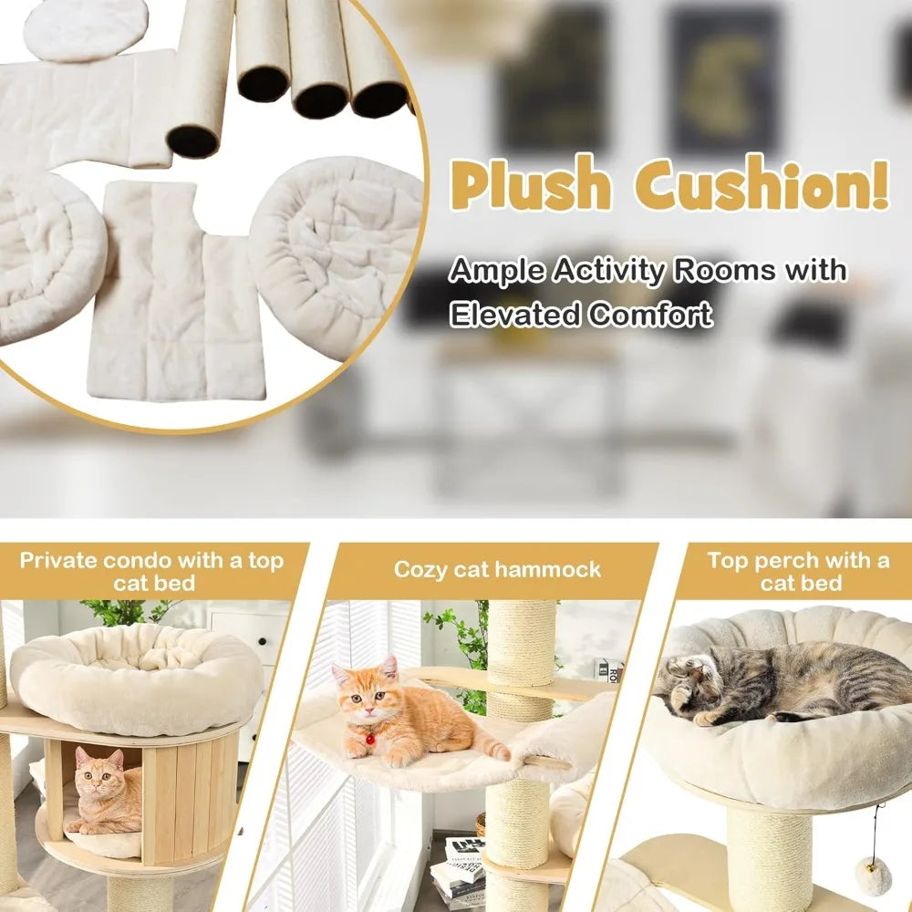 PETSITE 68.5" Tall Cat Tree, Multi-Level Modern Cat Tower with Sisal Scratching Posts, Top Perch, Cat Condo, Hammock, Jingling B
