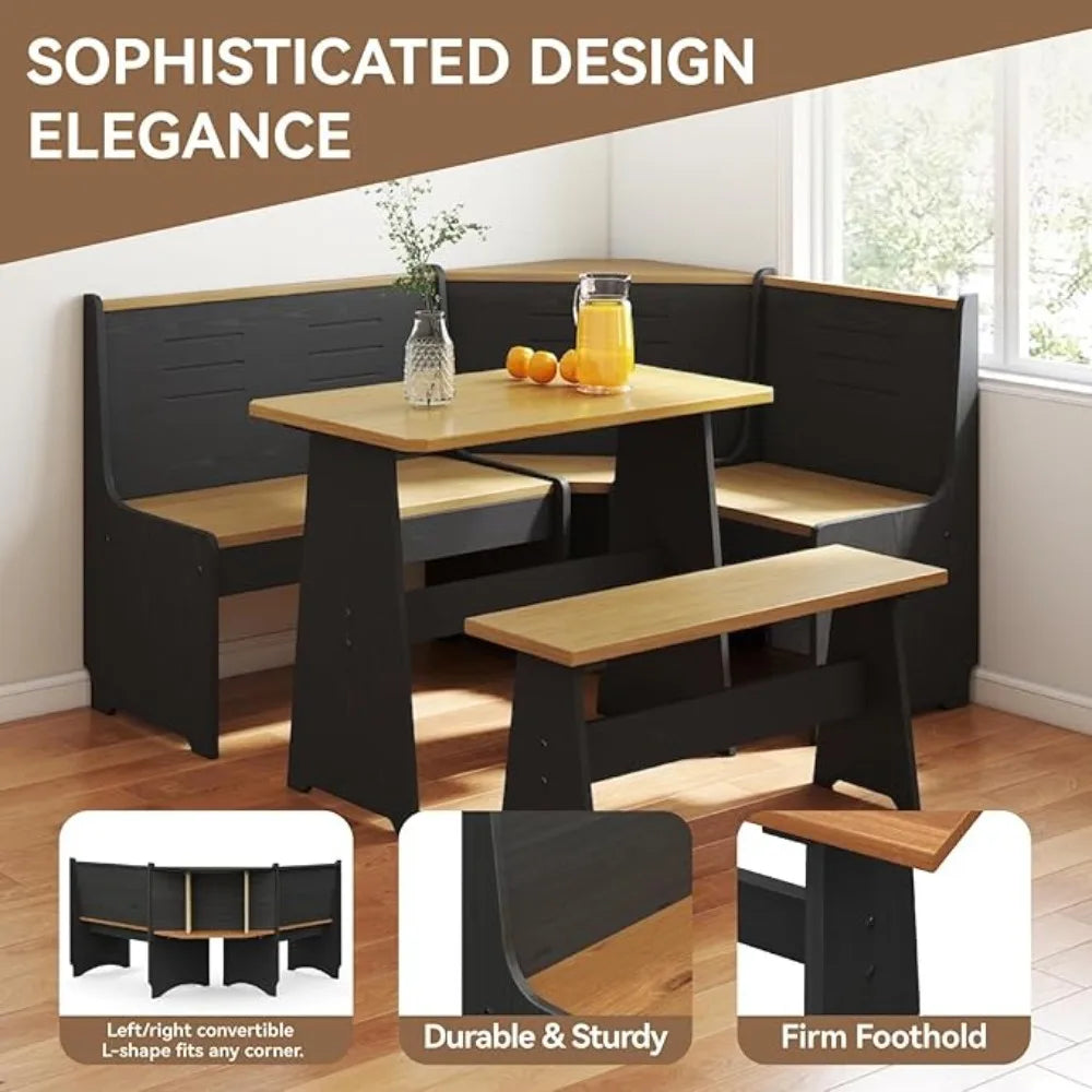 Breakfast Nook Corner Dining Table Kitchen Bench Chair Set, Space-Saving 3-5 People Seat Reversible L-Shape for Family Home Blac