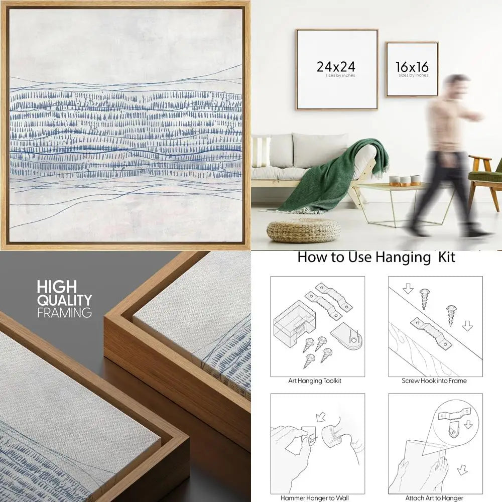Framed Canvas Wall Art: Abstract Grunge Blue-Gray Industrial Lines and Shapes, Modern Decorative Art