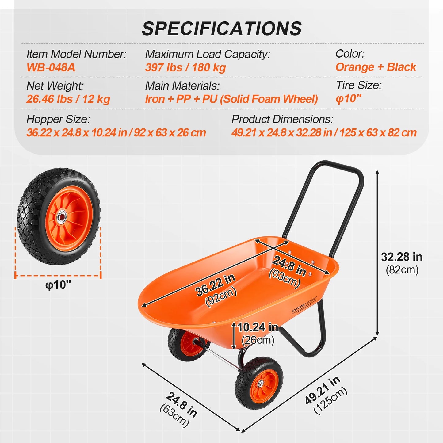 SucceBuy Wheelbarrow Cart 330lbs Capacity One Wheel Garden Dump Cart Wheel Barrow with Handle & 16" Wide Track Wheels for Farm