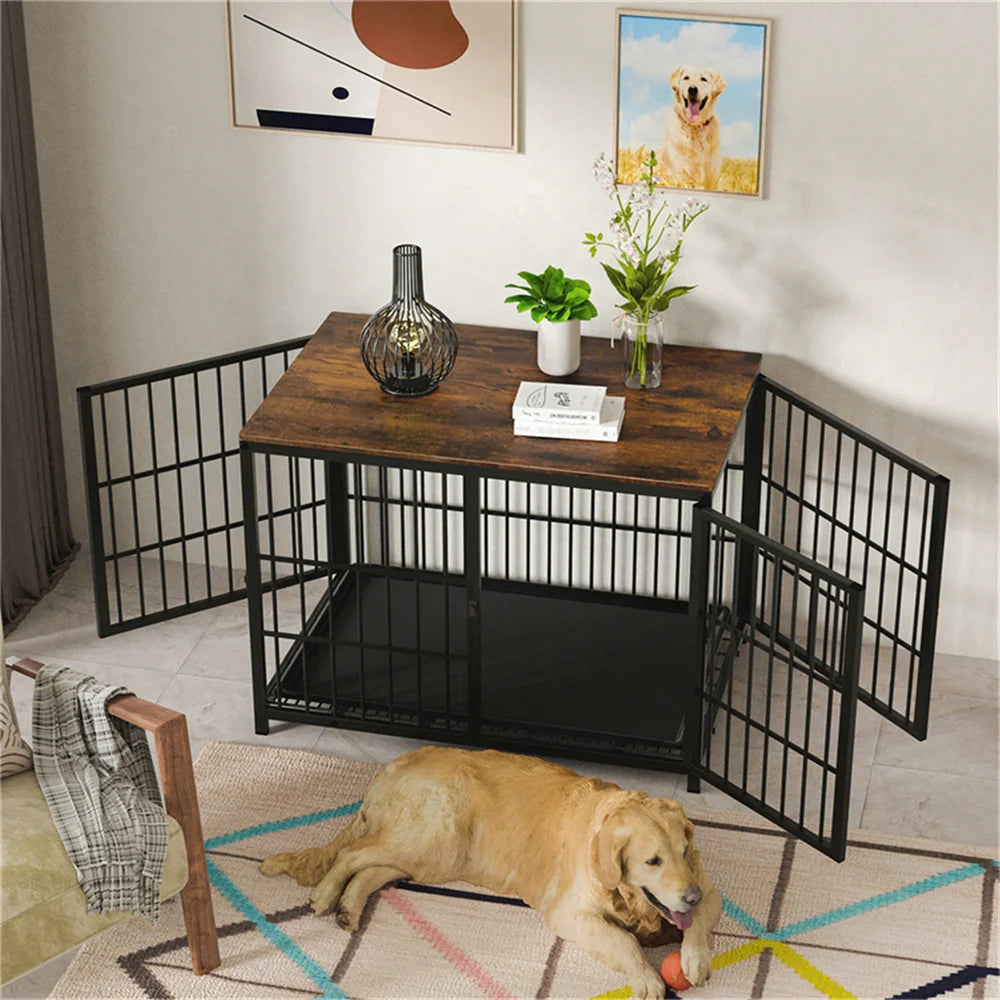 Large Wooden Dog Crate Indoor Three Doors Removable Tray