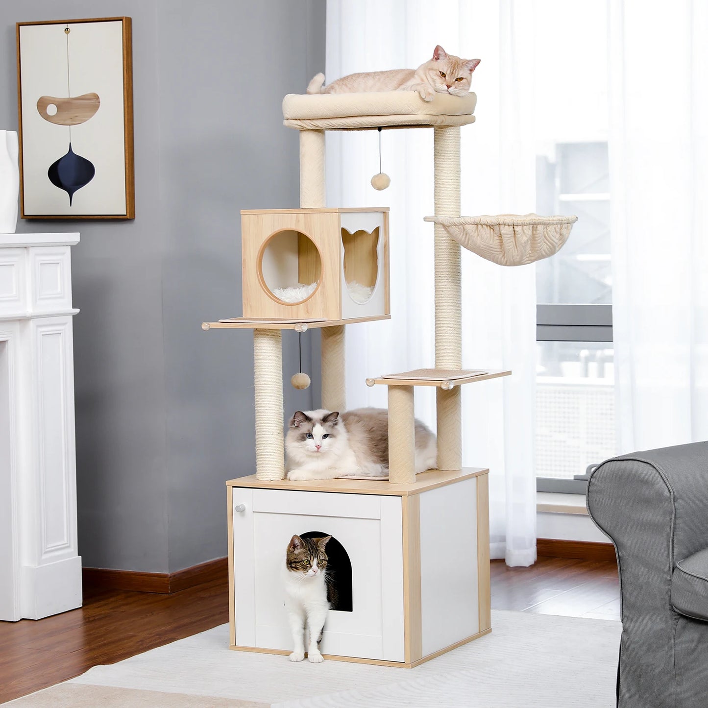 Large Wood Cat Tree With Litter Box Enclosure And Storage