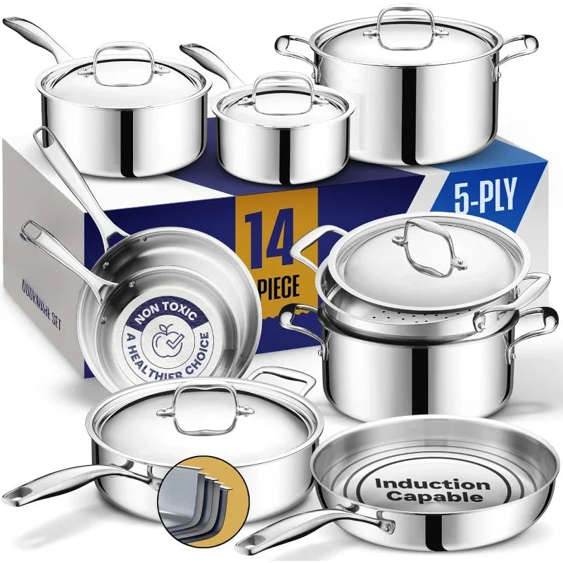 5 Ply Stainless Steel Pots and Pans Set | 14-Piece, Induction, Non-Toxic, Oven Safe | Best 18/8 Full Clad