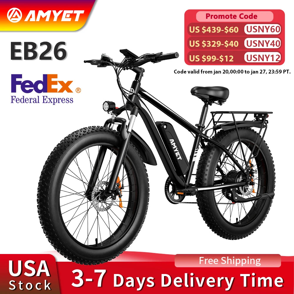 Amyet Eb26 Electric Mountain Bike 1000W 48V 26 Inch Fat Tire