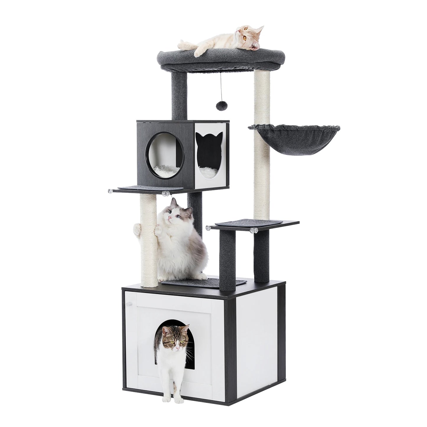 Large Wood Cat Tree With Litter Box Enclosure And Storage