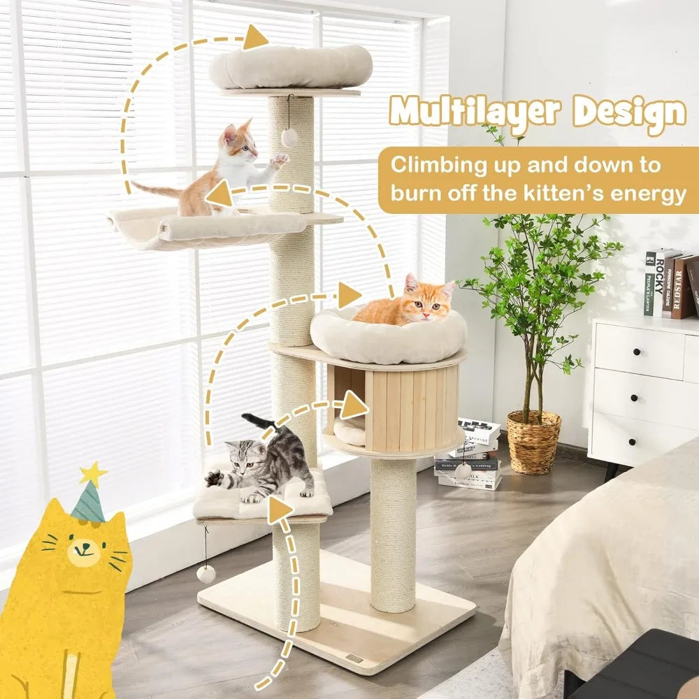 PETSITE 68.5" Tall Cat Tree, Multi-Level Modern Cat Tower with Sisal Scratching Posts, Top Perch, Cat Condo, Hammock, Jingling B
