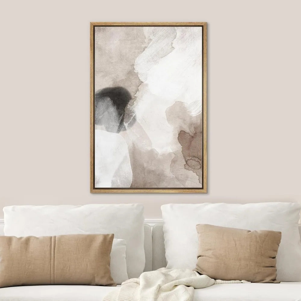 Framed Canvas Wall Art - Pastel Watercolor Abstract Shapes, Modern Minimalist Gray Art for Living Spaces