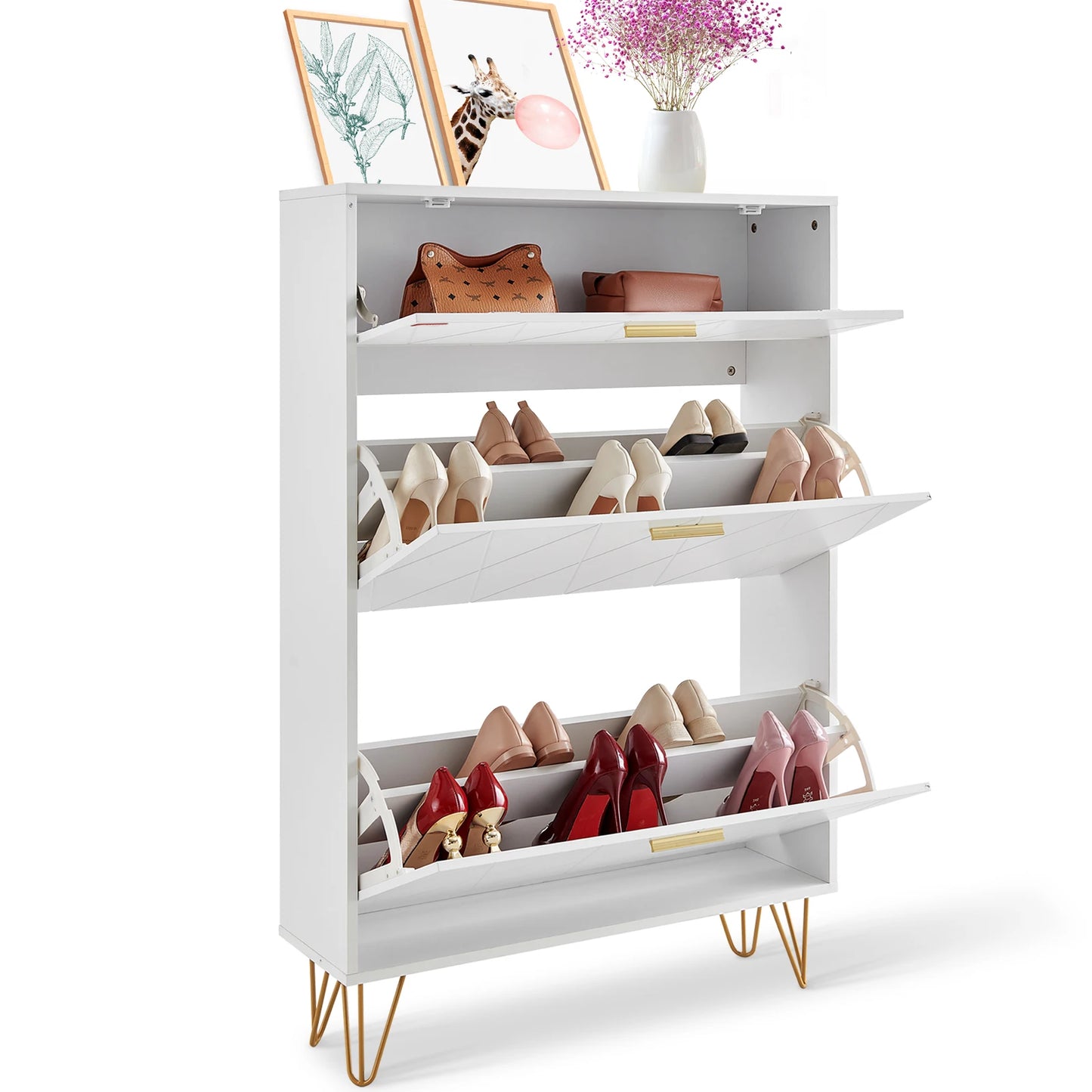 SucceBuy Shoe Cabinet w/ 2/3 Flip Drawers Shoe Storage Cabinet for Entryway Free Standing Shoe Storage Organizer for Heels Boots