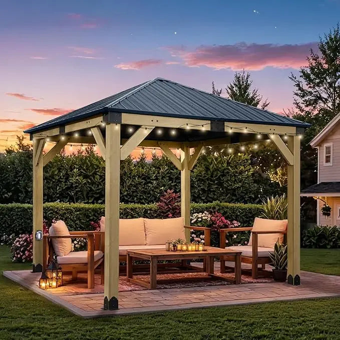 12x14 Ft Wooden Frame Gazebo With Galvanized Hardtop Roof