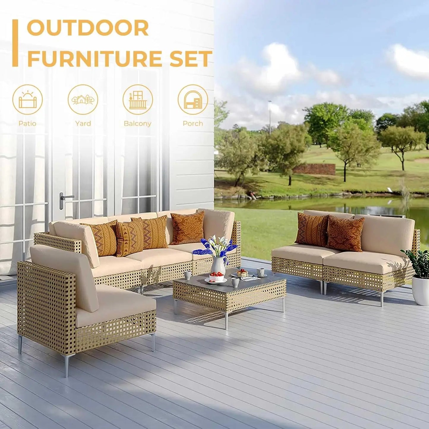Boho Wicker Patio Conversation Set With Coffee Table
