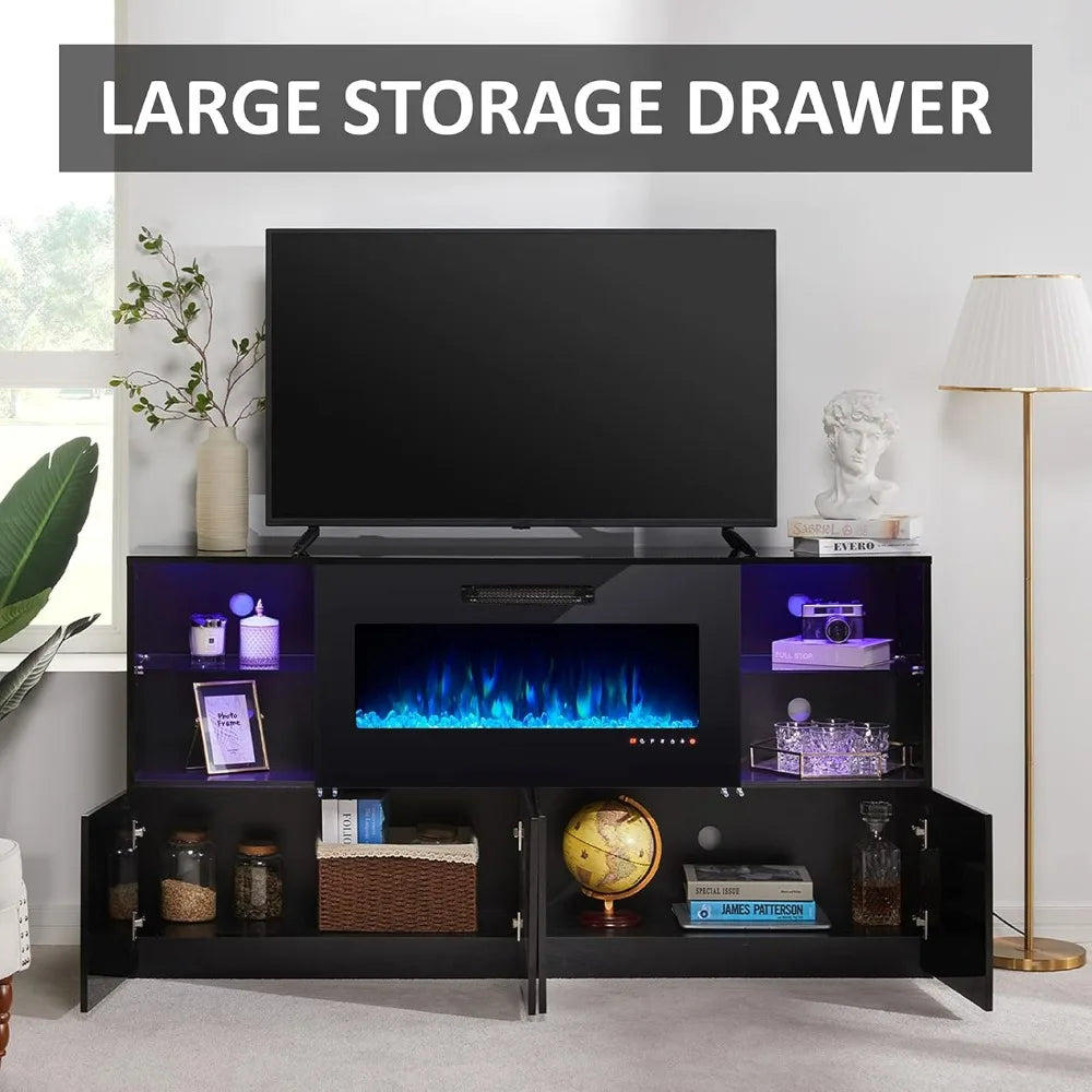 68" Fireplace TV Stand with 40" Fireplace, Modern High Gloss Fireplace Entertainment Center with LED Lights for TVs up to 78",
