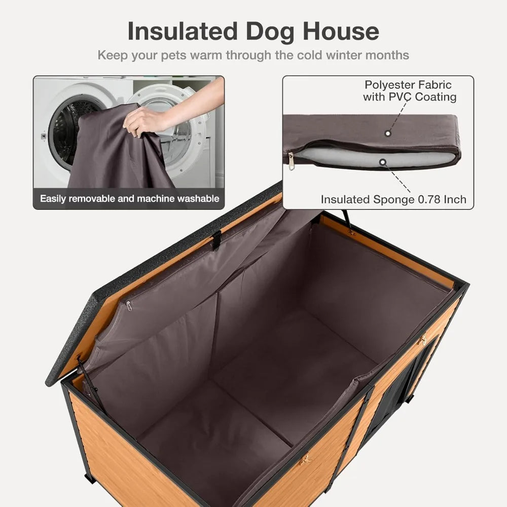 Large Dog House with Insulated Liner for Outdoor - Waterproof Outside Dog Kennel for Small, Medium, and Large Dog with All-Aroun
