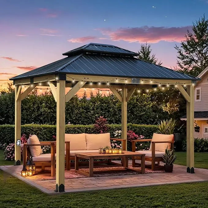 12x14 Ft Wooden Frame Gazebo With Galvanized Hardtop Roof