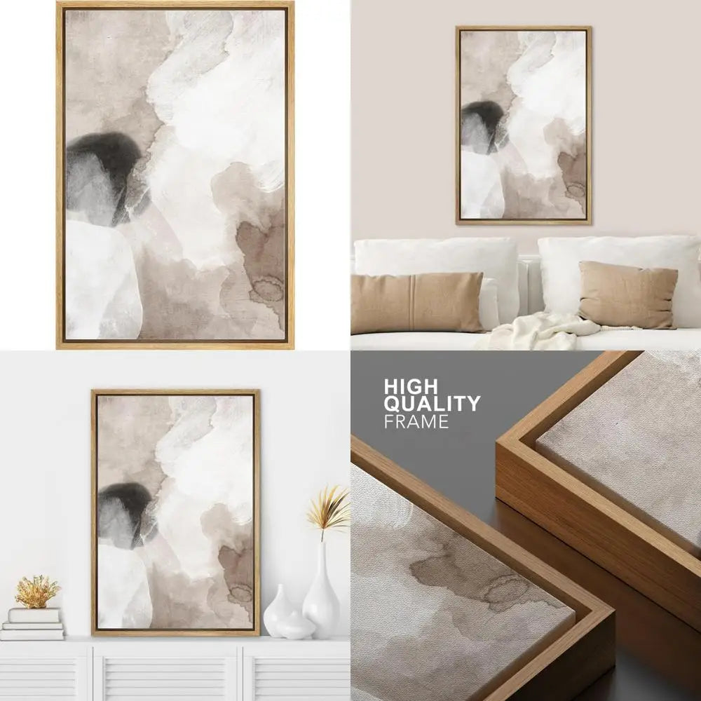 Framed Canvas Wall Art - Pastel Watercolor Abstract Shapes, Modern Minimalist Gray Art for Living Spaces