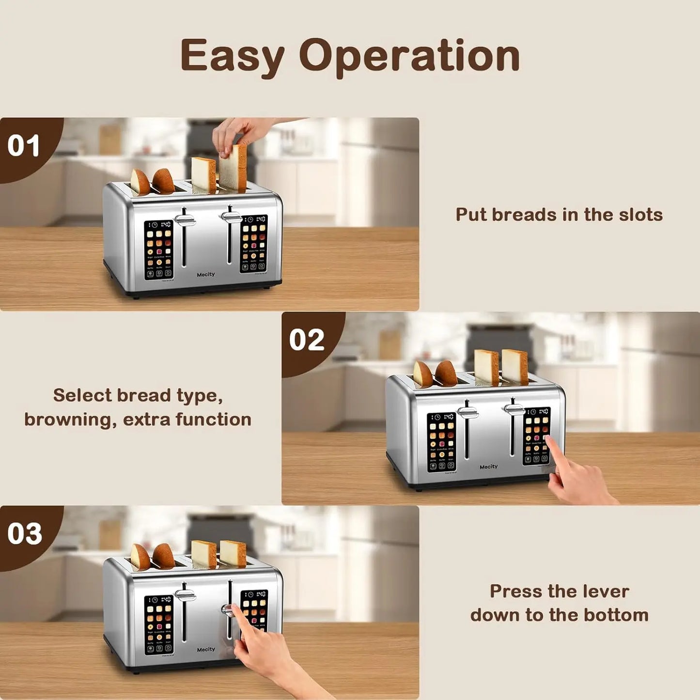 4 Slice Toaster with Touch Screen Control, 4 Wide Slots, Stainless Steel Smart Bread Toaster for Bagels, Muffins, Waffles, Dual