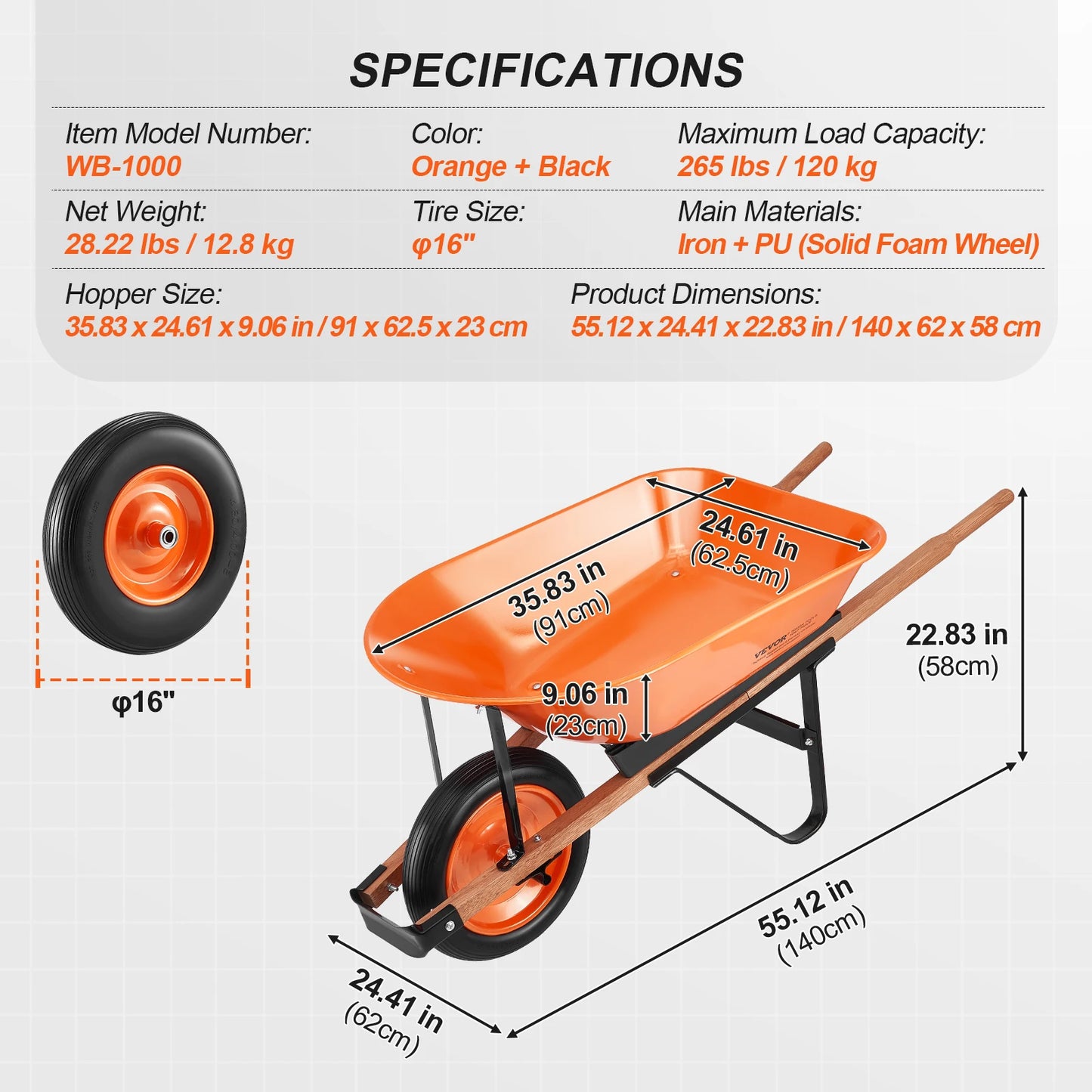 SucceBuy Wheelbarrow Cart 330lbs Capacity One Wheel Garden Dump Cart Wheel Barrow with Handle & 16" Wide Track Wheels for Farm