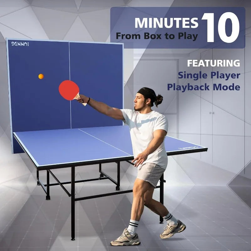 Folding Rolling Table Tennis Table Regulation Ping Pong Table with 2 Paddles 2 Balls 1 Net and Post Set Fold-Up Design