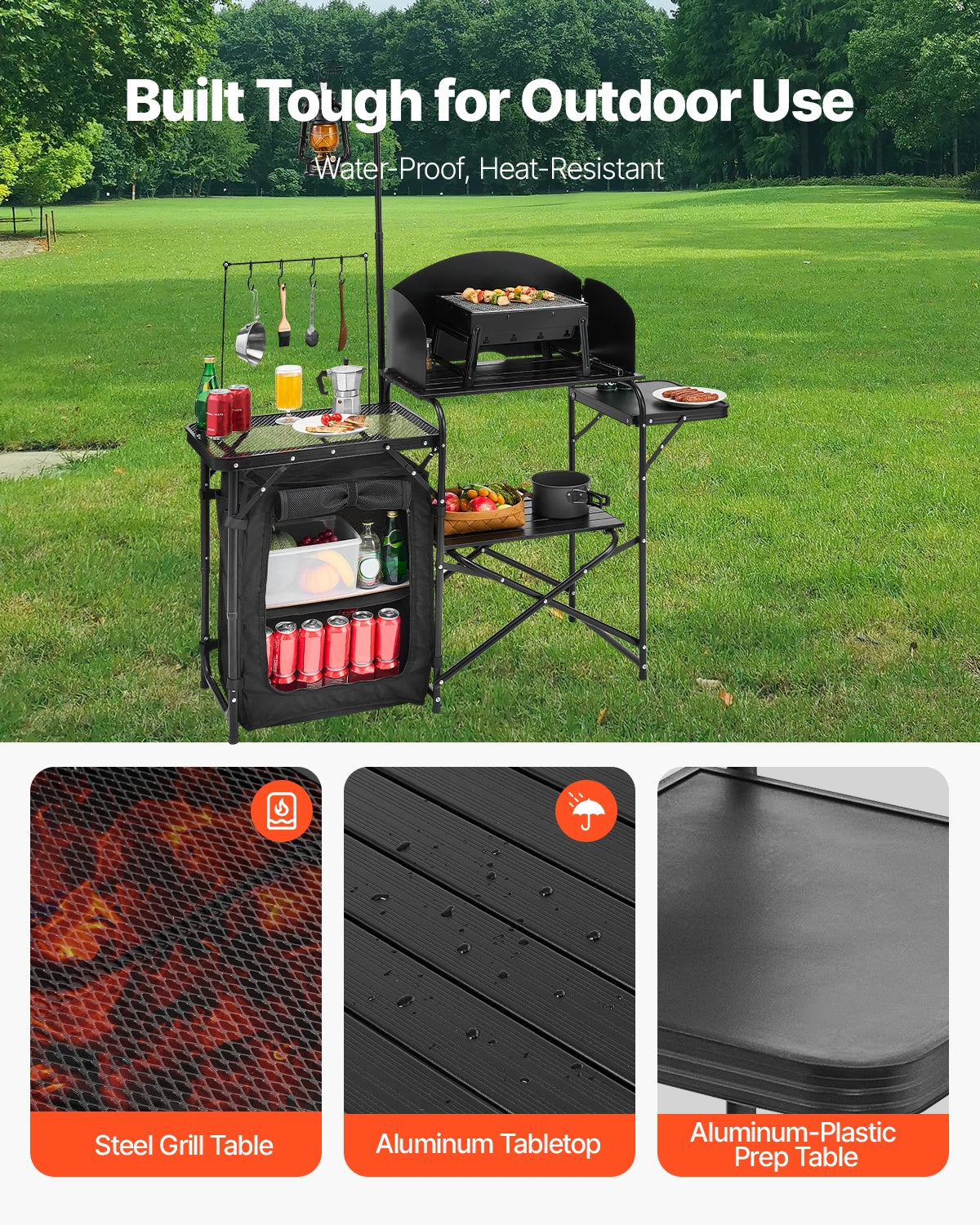 SucceBuy Folding Camping Table Outdoor Camping Kitchen Table Aluminum Portable Cook Station with Storage Cupboard Windscreen