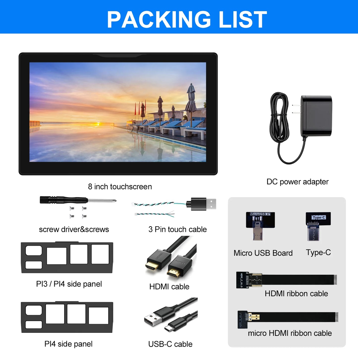 8 inch Raspberry Pi 5 4 Monitor LCD Dispaly 1280x800 16:10 Touch Screen HDMI USB for DIY Pi 4 3 Built in Fans Speaker