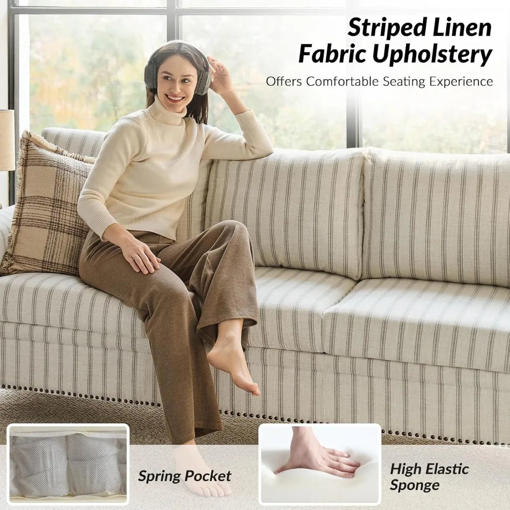 81" 3 Seater Sofa with Stripe Pattern, Farmhouse Couch with Rolled Wide Armrests and Rubber Wood Legs, Comfy Upholstered Sofa f
