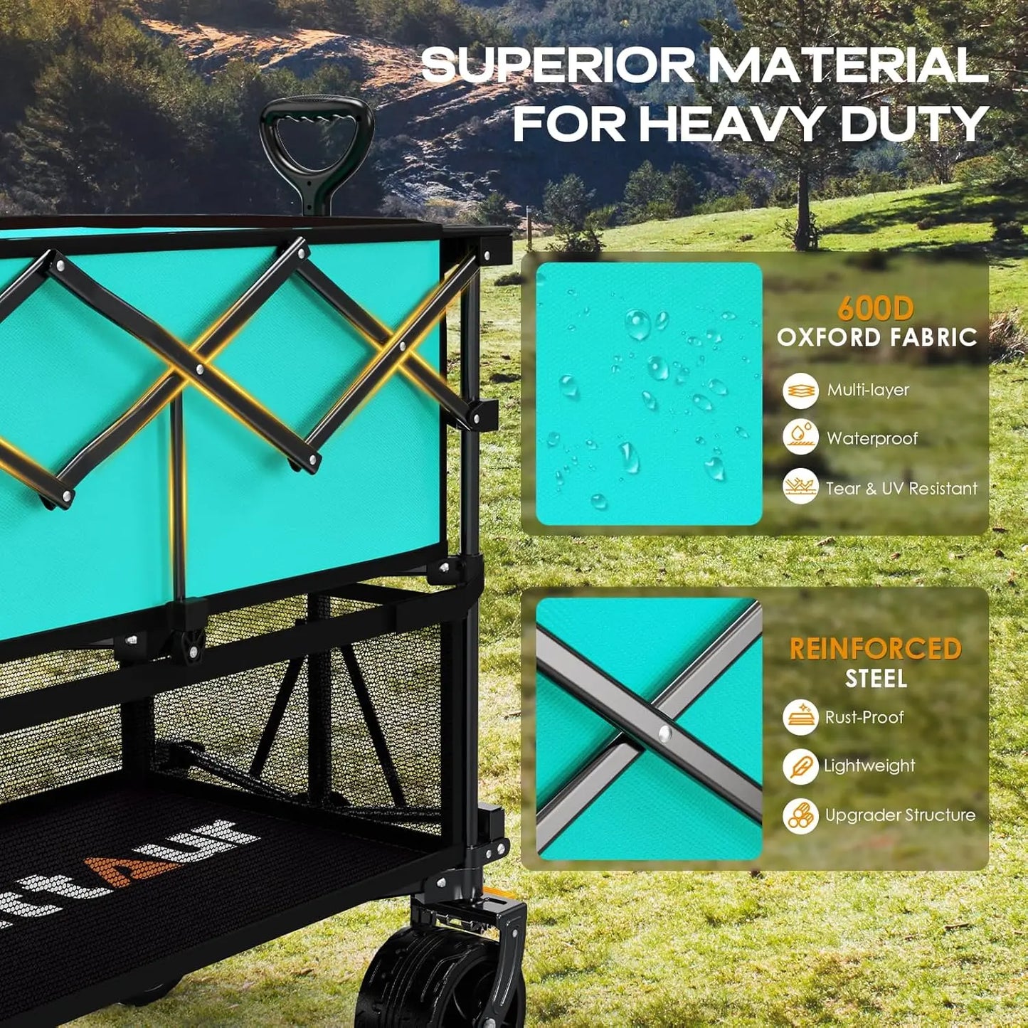 Foldable 50''L Extra Long Double Decker Wagon for Sport 400L Collapsible Heavy Duty Wagon Cart with Big Wheels Utility All Terra