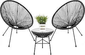 3-Piece Outdoor Acapulco All-Weather Patio Conversation Bistro Set w/Plastic Rope, Glass Top Table and 2 Chairs - Black