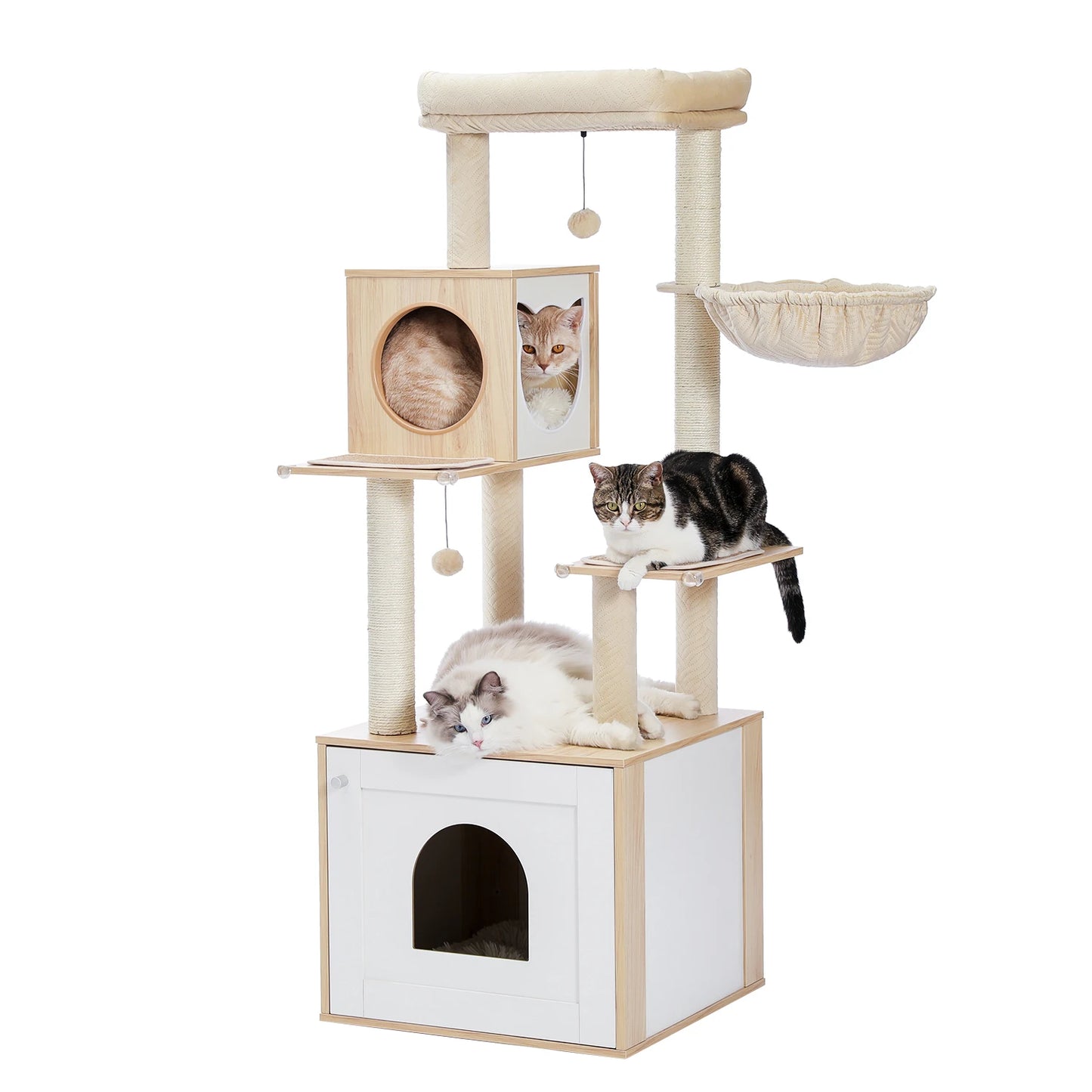 Large Wood Cat Tree With Litter Box Enclosure And Storage