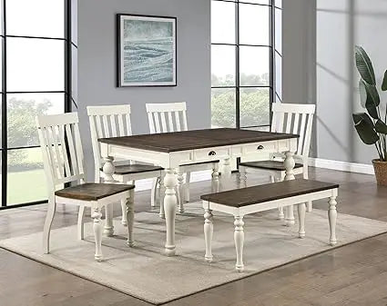 Furniture Joanna 6pc Dining Table Set, 60-Inc 4 Drawer Dining Table, 4 Side Chairs and 44" Bench, Farmhouse Design, Lift Top Be