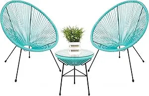 3-Piece Outdoor Acapulco All-Weather Patio Conversation Bistro Set w/Plastic Rope, Glass Top Table and 2 Chairs - Black