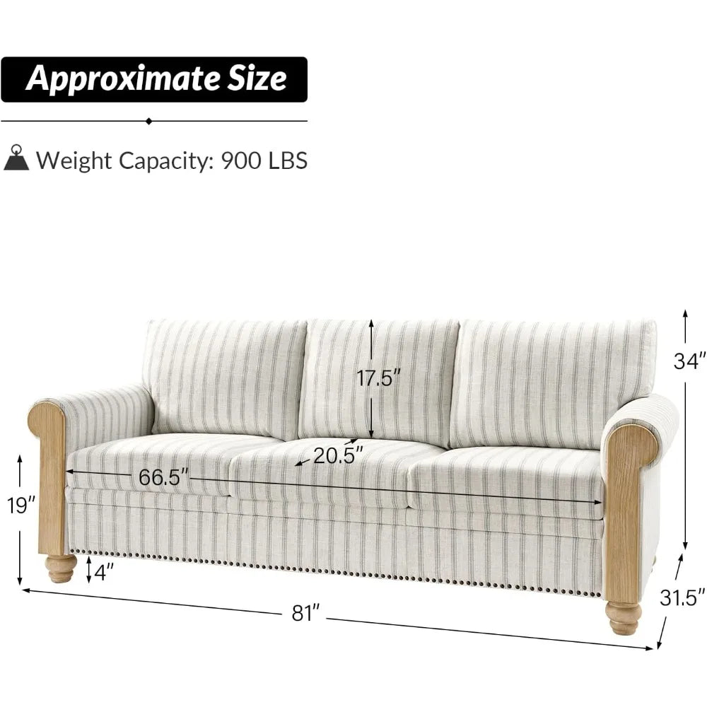 81" 3 Seater Sofa with Stripe Pattern, Farmhouse Couch with Rolled Wide Armrests and Rubber Wood Legs, Comfy Upholstered Sofa f